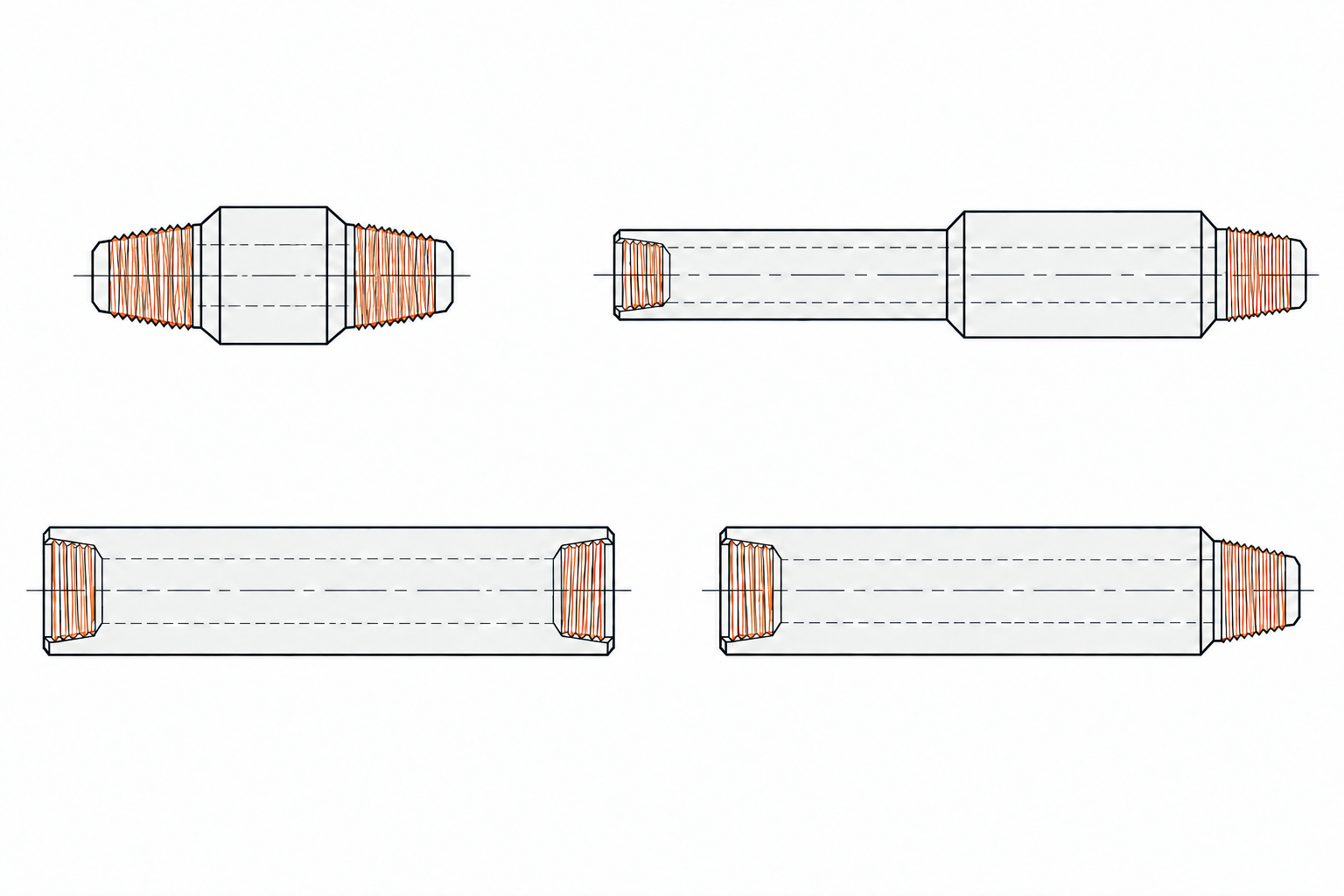 Horizontal 2D rotary sub drawings, including a compact pin × pin saver sub with external male threads at both ends